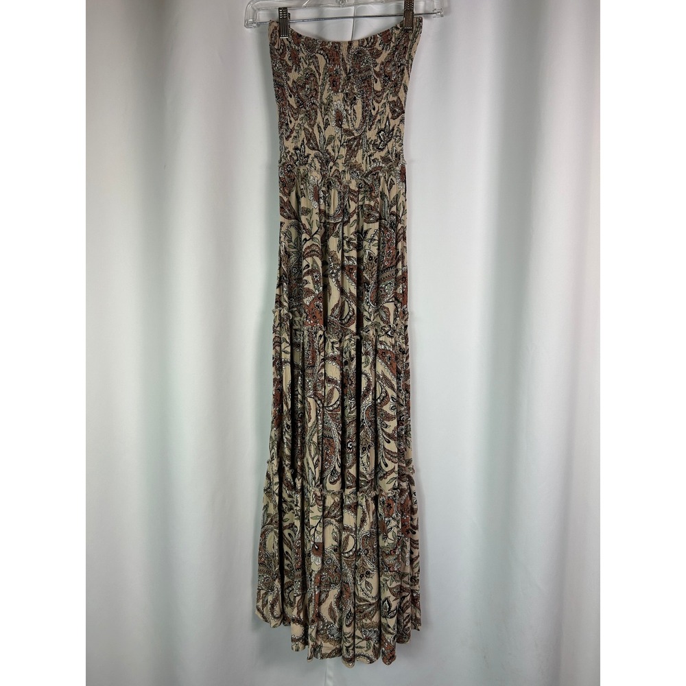 Abel The Label Beige Paisley Smocked Strapless Tiered Maxi Dress Boho XS